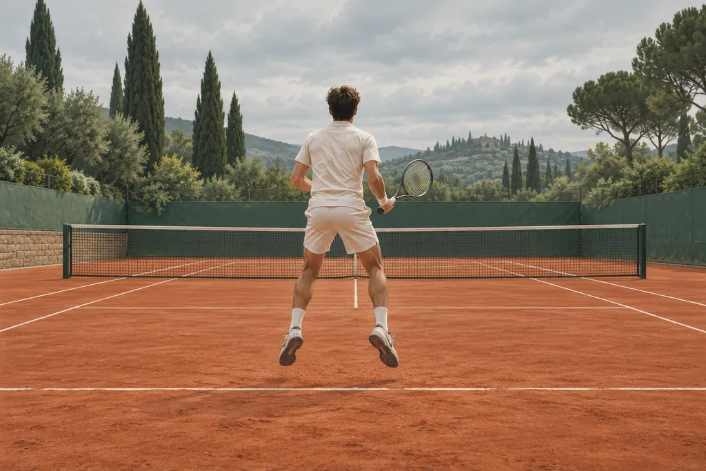 Un joueur de tennis en léger saut, pieds décollés du sol, face au filet, au moment où l'adversaire frappe.